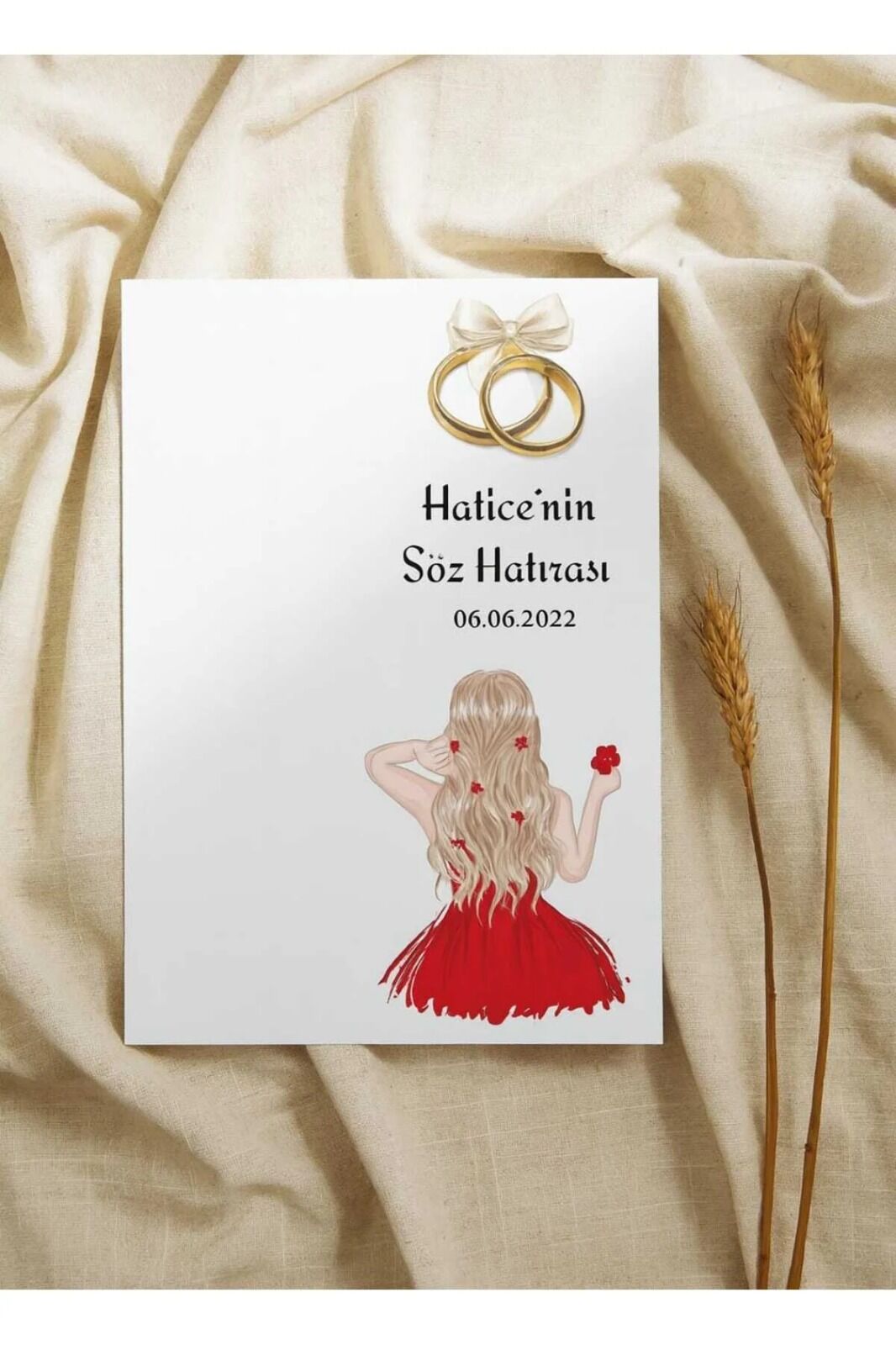 İsme Özel Kına Hatırası Kırmızı Gelin Resimli Anahtarlık Kartı 9,5x15 Cm 9 Adet