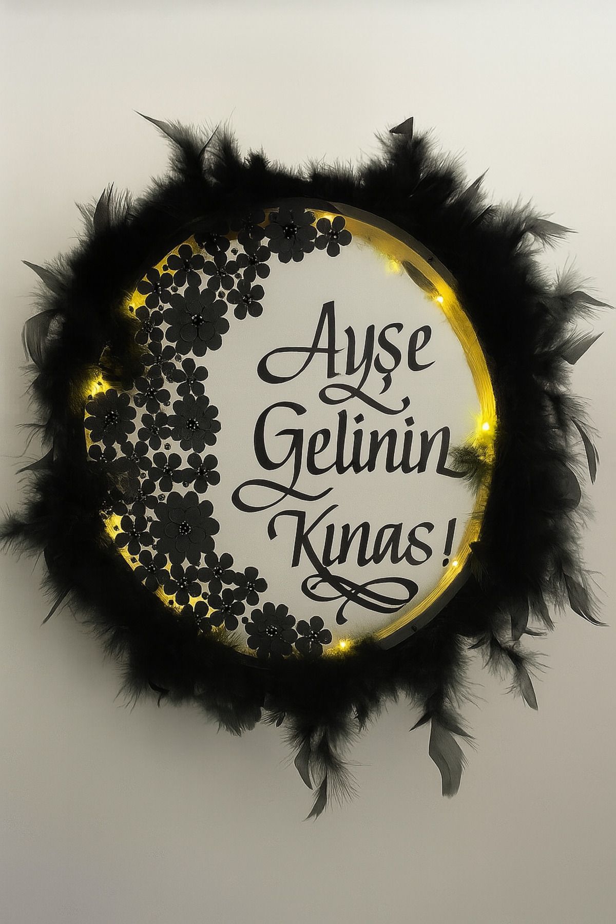 İsimli Ledli Gelin Tefi 3Boyut Taşlı Tüylü, Düğün Kına Nedime Bride Parti Defi Çalgılı Alet Zilli