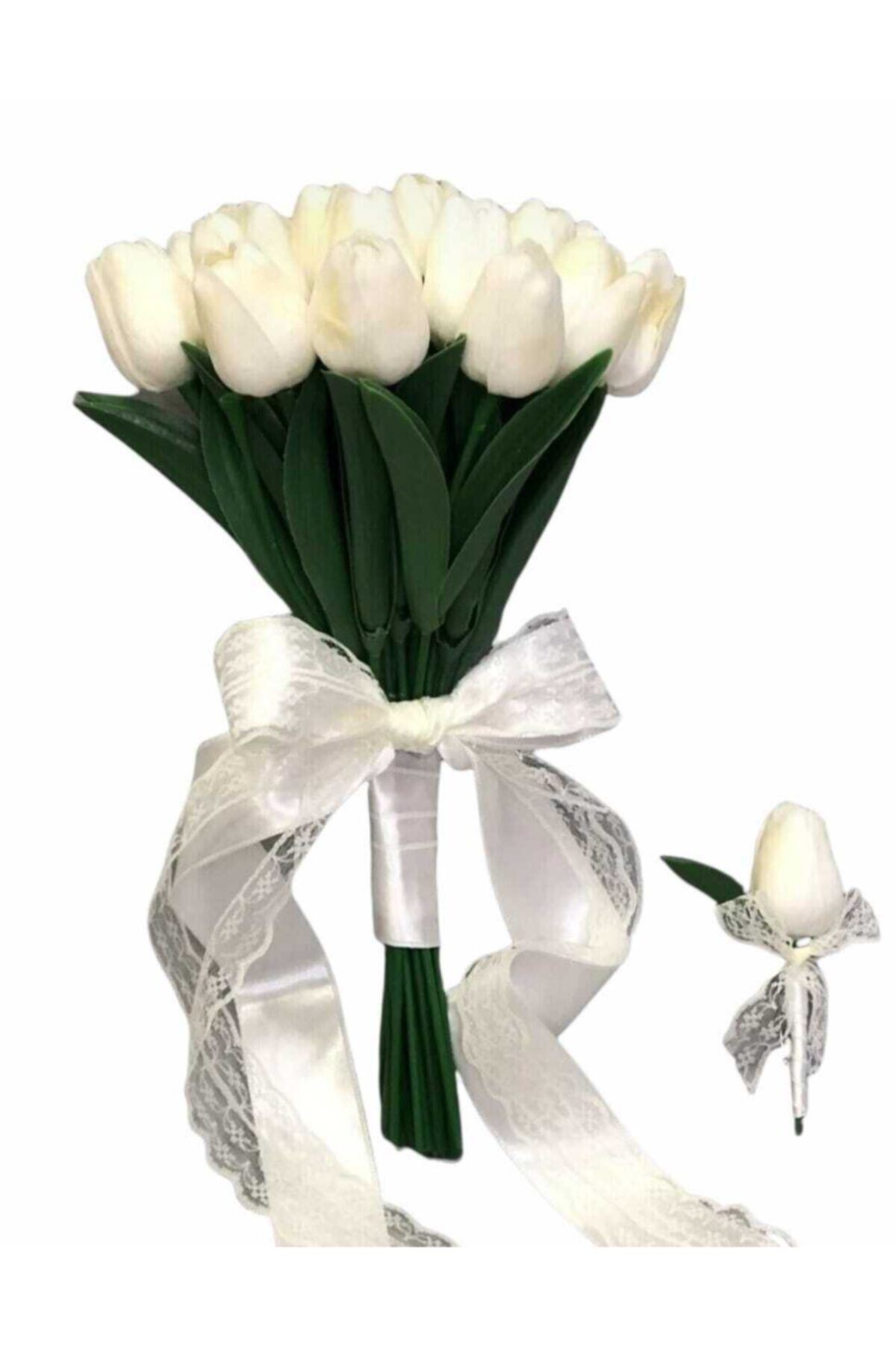 Islak Beyaz Saten Kurdale Deataylı Gelin Buketi Ve Damat Yaka Çiçeği