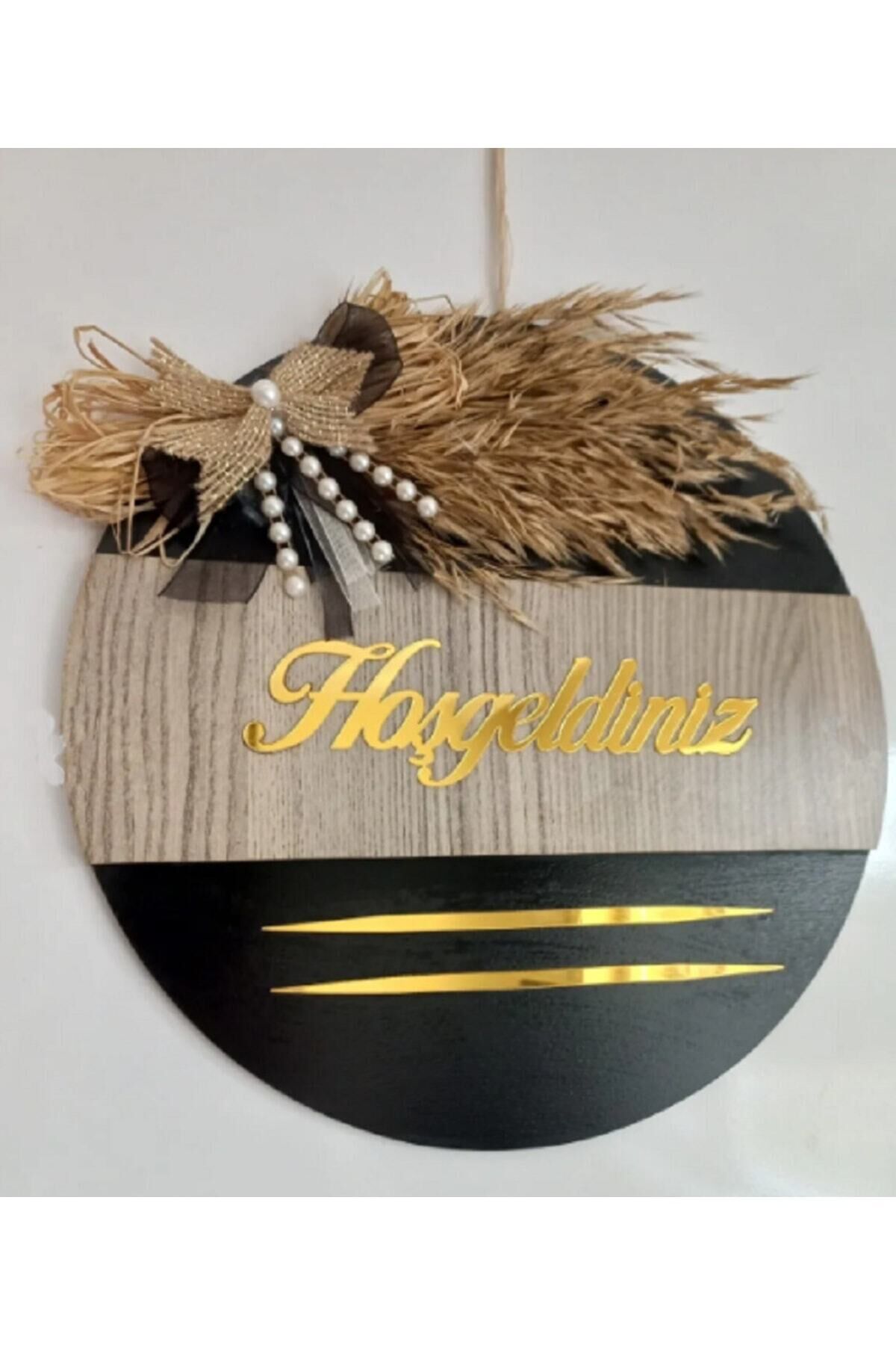 Hoşgeldiniz Yazılı Aynalı Pleksi Ahşap Kapı Süsü Dekoratif Dış Kapı Süsü 24cm Çapında