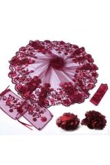 3boyutlu Gelin Duvağı 2 Adet Eldiven+kuşak+2 Adet El Gülü Bordo