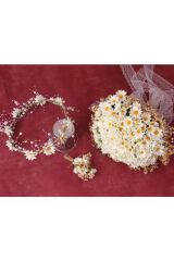 Papatya Gelin Buketi Ve Damat Yaka Çiçeği Ve Gelin Tacı