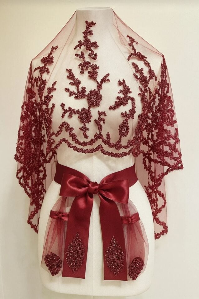 Gelin Duvak Seti, Işıl Işıl İnci ve Pul İşlemeli Kına Duvağı, Cam Boncuk Baskılı Gelin Kına Duvağı