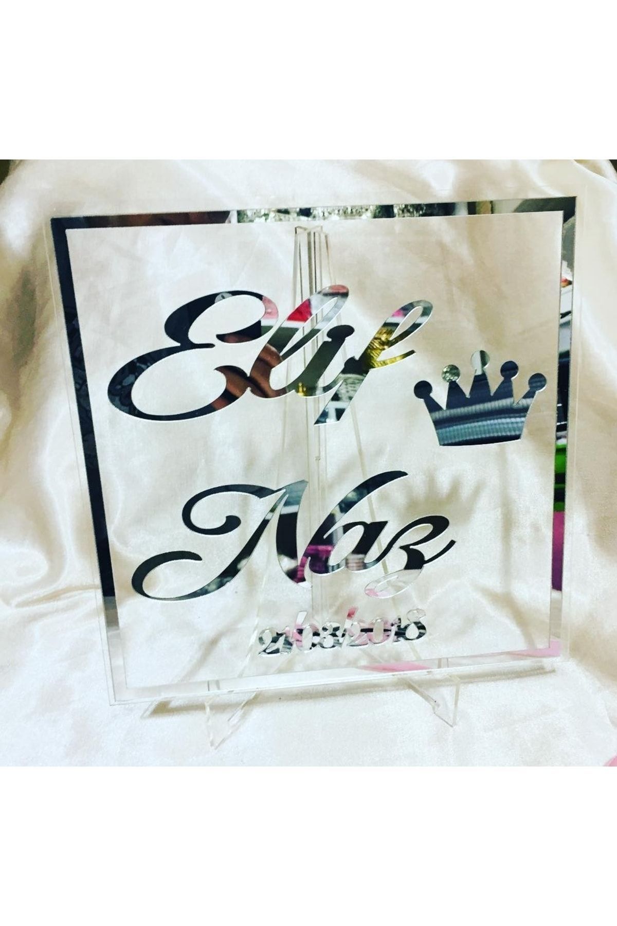 Pleksi Isimlik Masa Üstü Aynalı Gümüş Isimlik Söz Nişan Düğün Bebek Için Masaüstü Isimlik 28cm