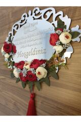 Lazer Kesim Gümüş Renk Aynalı Çiçekli( Kırmızı -krem ) Ayetel Kürsi Hoşgeldiniz Yazılı Kapı Süsü