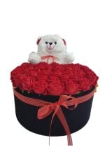 Silindir Kutuda Ayıcıklı Gerçek Görünümlü Yapay Kadife Gül Kız İsteme Buketi