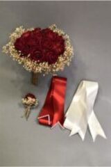 Kırmızı Kadife Güllü Gelin Çiçeği Ve Takı Kurdelesi