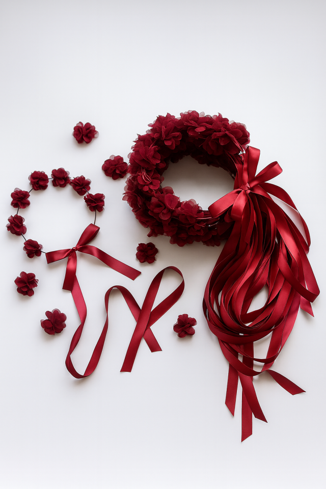 Yuvarlak Nedime Tacı Lazer Kesim Çiçekli Kına Nedime Tacı Bordo 10'lu