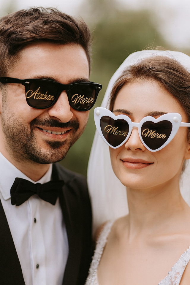 İsme Özel Bride Gözlüğü Kişeye Özel Gelin Damat Bride Gözlük Gümüş düğün nikah nişan malzemesi