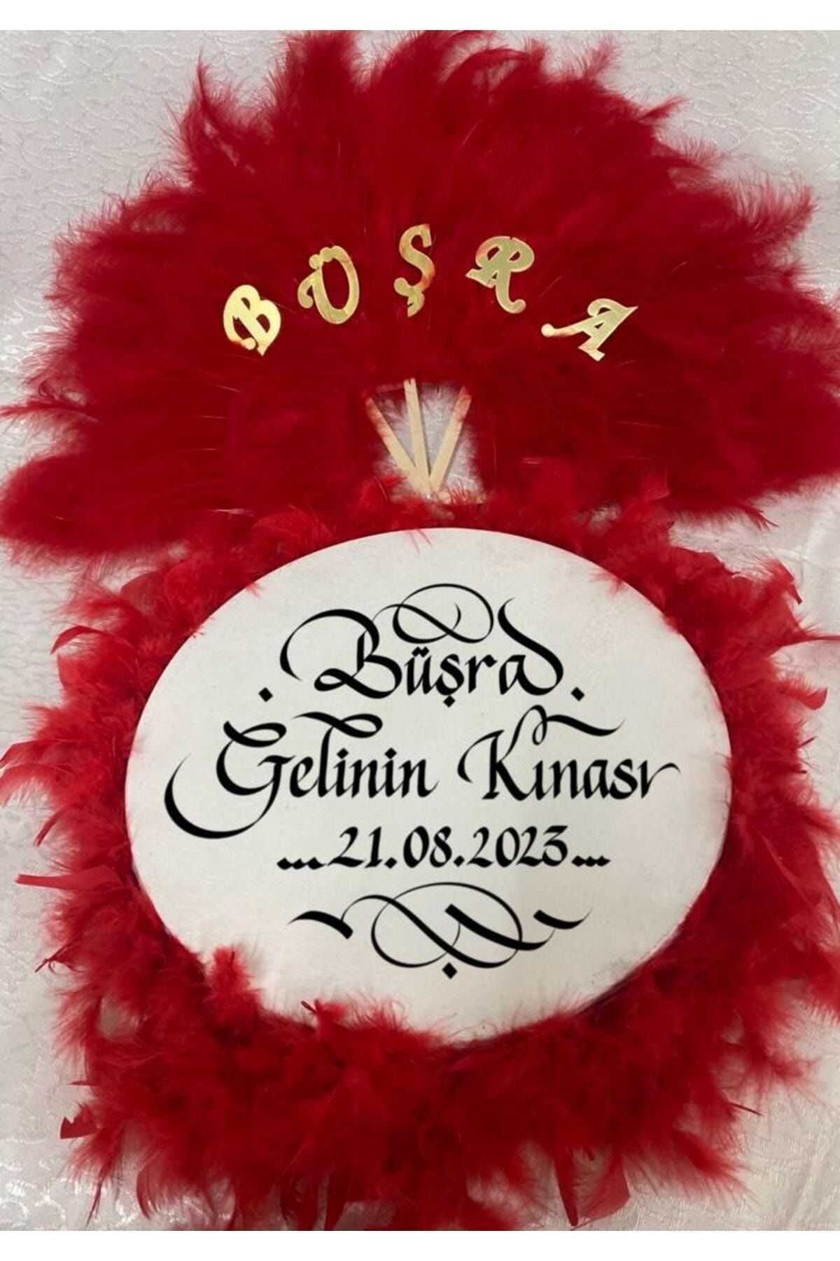 Isme Özel Kına Yelpazesi Ve Gelin Tefi Seti Otrişli Deri Tef Vurmalı Çalgı Def Kırmızı