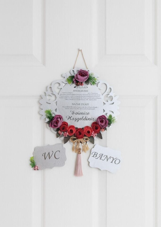Aynalı Pleksi Kapı Aksesuarı Çiçekli Kapı Süsü Wc ve Banyo Yazı Takımı