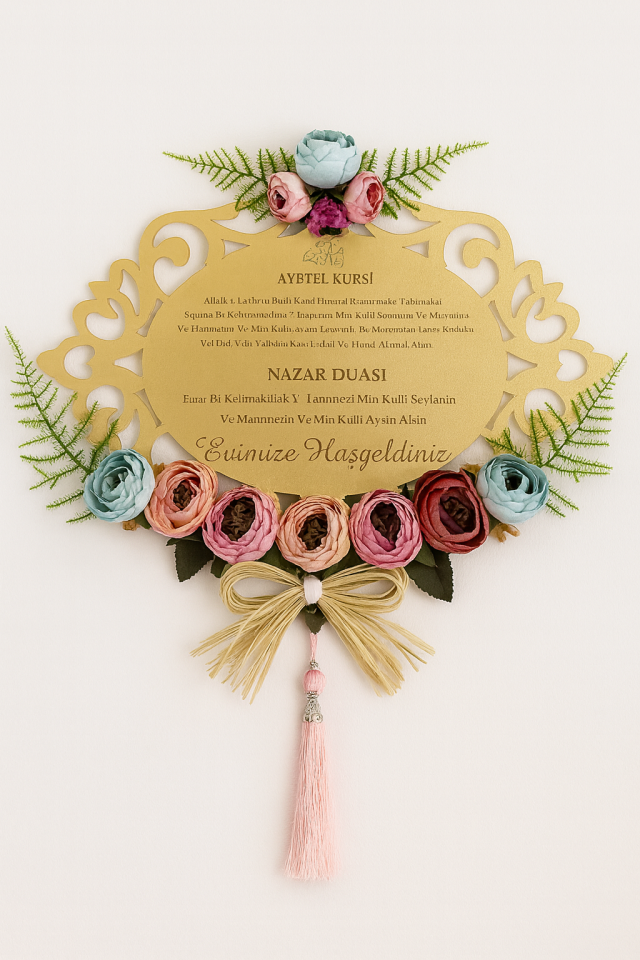 Evimize Hoşgeldiniz Yazılı Kapı Süsü Gold Aynalı Pleksi Kapı Süsü Çiçekli Duvar Dekoru