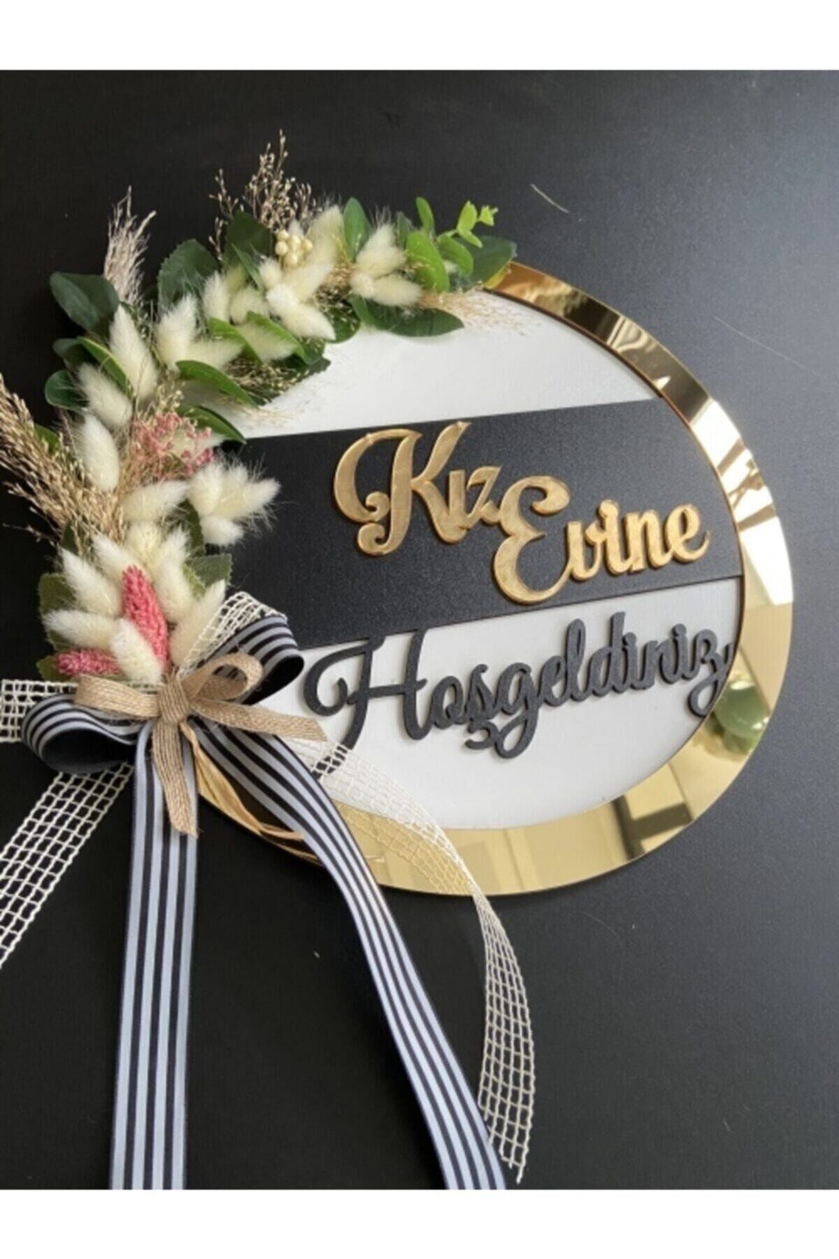 Kız Evine Hoşgeldiniz Kapı Süsü Duvar Dekoru Doğal Kuru Çiçekle Süslü Kapı Süsü