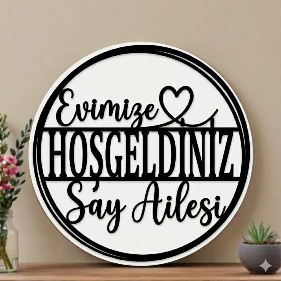 Evimize Hoşgeldiniz Yazılı Kişiye Özel Kapı Süsü Ev Dekoru 28 Cm Beyaz