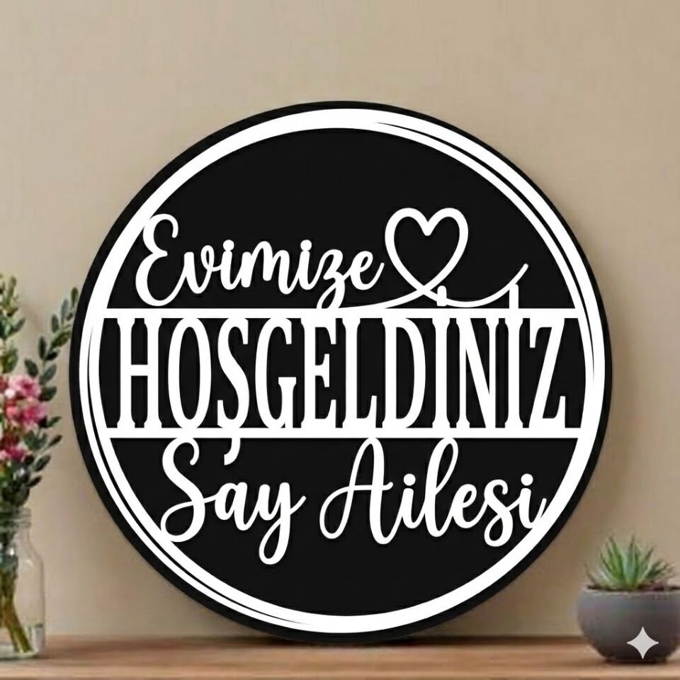 Evimize Hoşgeldiniz Yazılı Kişiye Özel Kapı Süsü Ev Dekoru 28 Cm Siyah