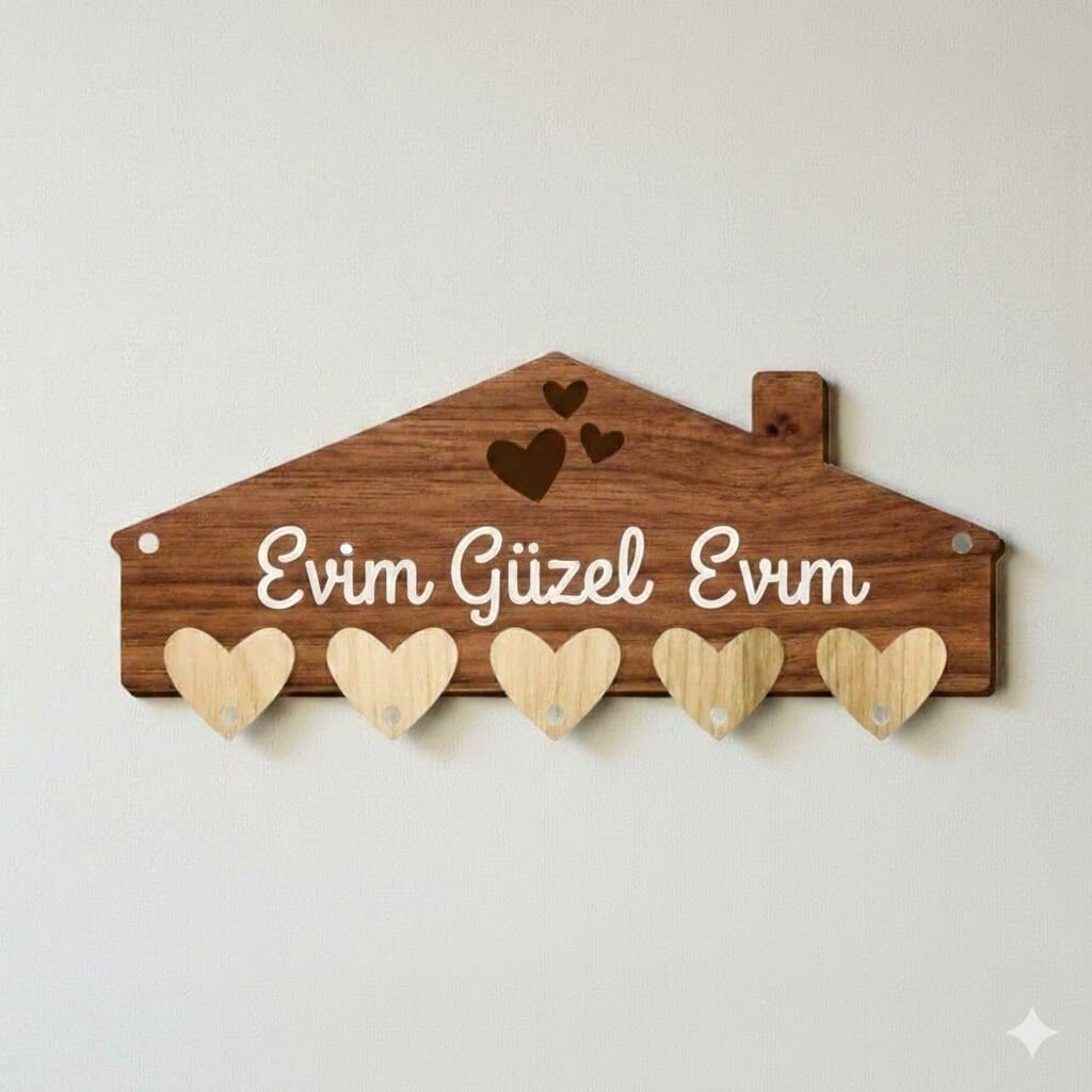 Kişiye Özel Aile Ahşap Anahtarlık Ev Dekorasyonu 5 Kanca Ahşap Kalp