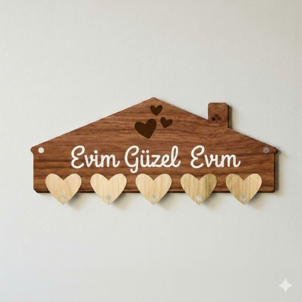Kişiye Özel Aile Ahşap Anahtarlık Ev Dekorasyonu 5 Kanca Ahşap Kalp