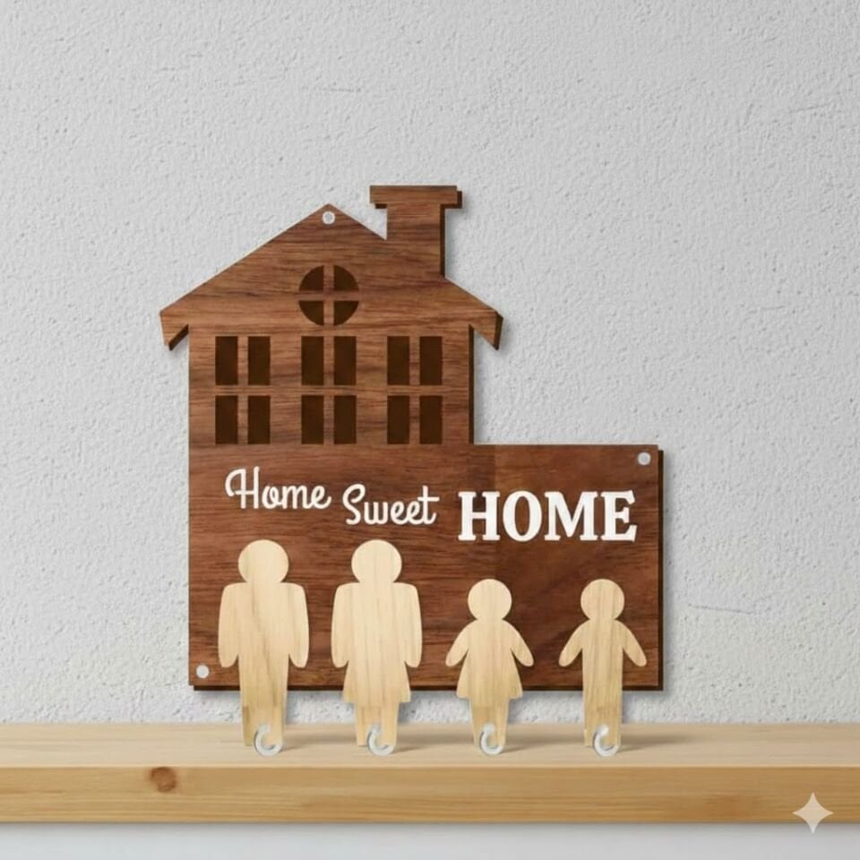 Dekoratif Ahşap Duvar Anahtarlık, Evim Güzel Evim