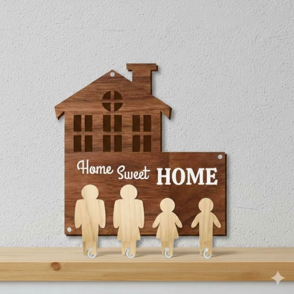 Dekoratif Ahşap Duvar Anahtarlık, Evim Güzel Evim
