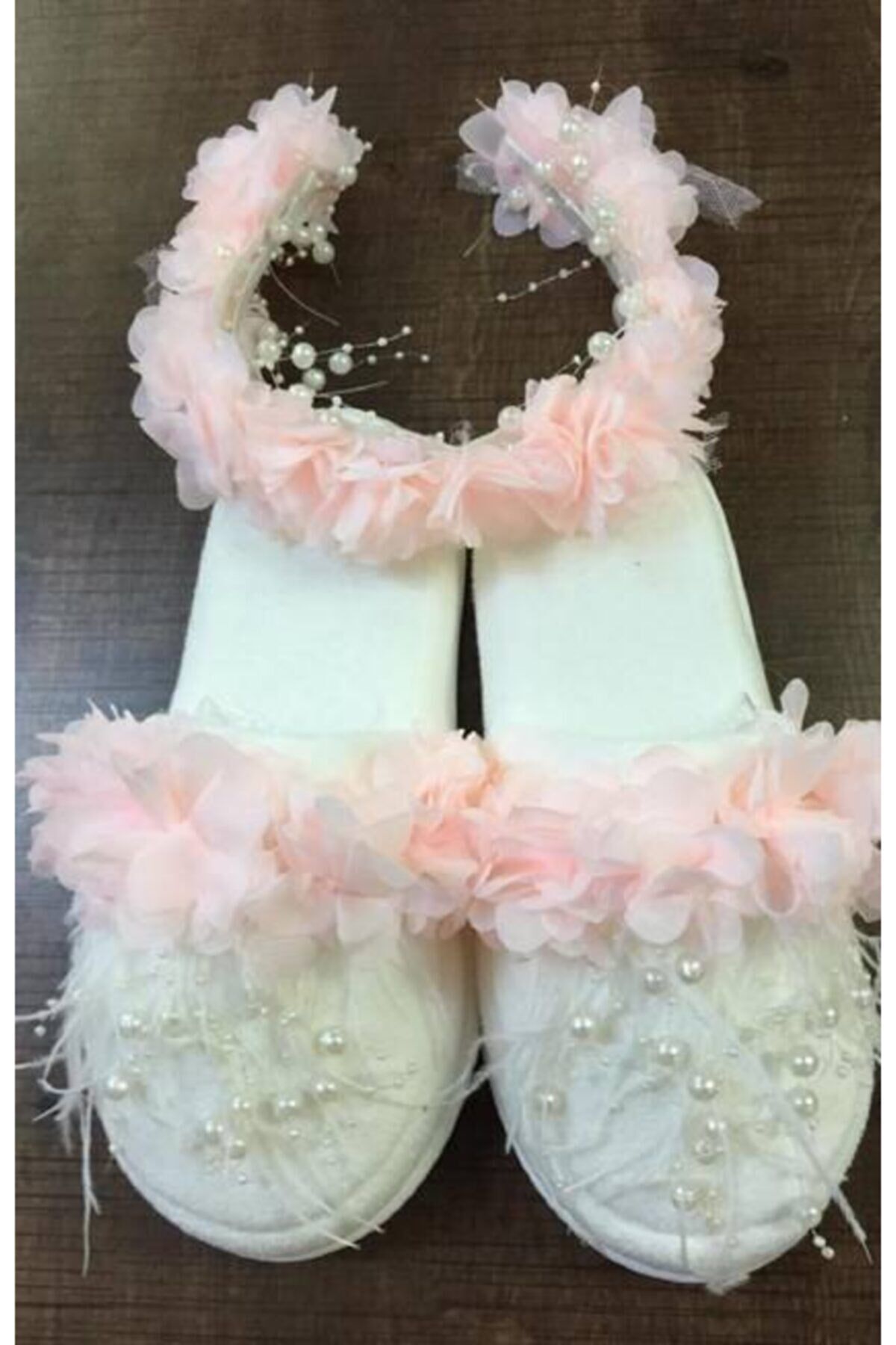 Lazer Güllü Lohusa Tacı Ve Lohusa Terlik Seti Somon