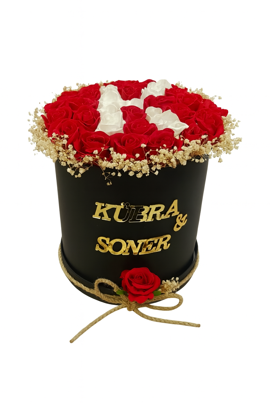 Silindir Kutuda Yapay Kadife Güllerle Harf Yazılmış Isme Özel Kız Isteme Buketi