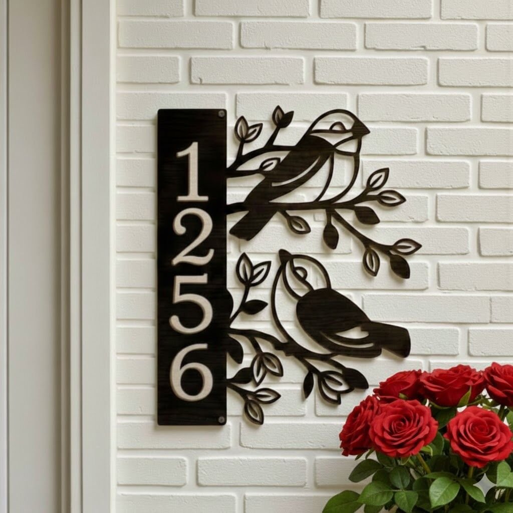 Modern Ev Numarası Tabelası Kişiselleştirilmiş Kişiye Özel Kuş Dalı Ev Kapı Süsü