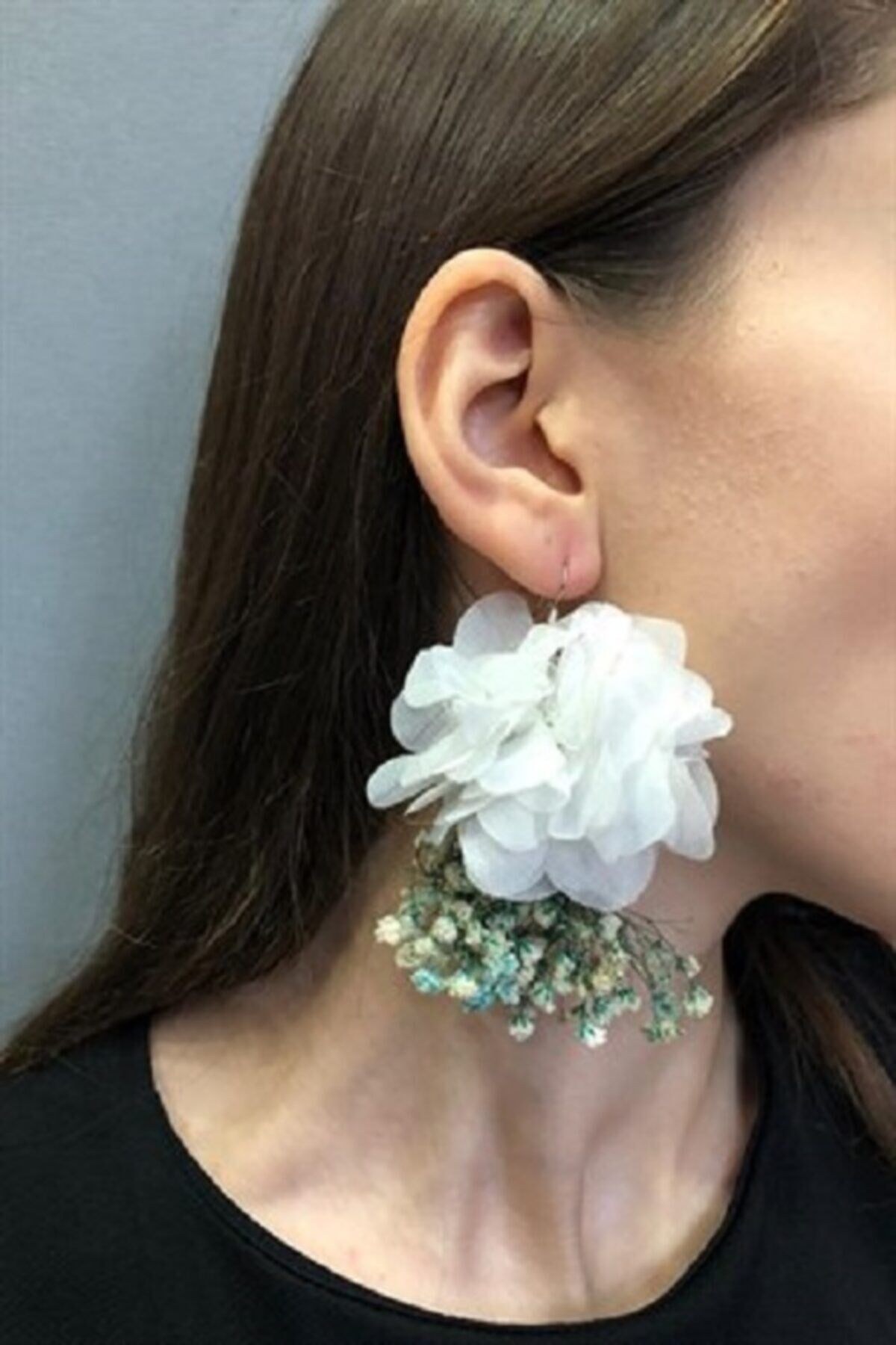 Çiçekli Gelin Küpesi Lazer Gül Ve Kuru Çiçekli Gelin Küpesi