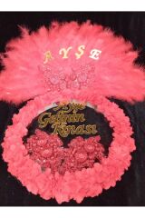 Isme Özel Kına Yelpazesi Ve  Şeffaf Pvc'li Gelin Tefi Seti Lazer Güllü Deri Tef Vurmalı Çalgı Def  Kına Gecesi Kına