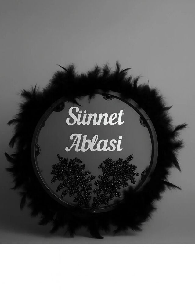 Tüylerle Süslenmiş Sünnet Tefi Vurmalı Çalgı Def Müzik Aleti Sünnet Ablası Tefi Sünnet Kınası Tefi Siyah