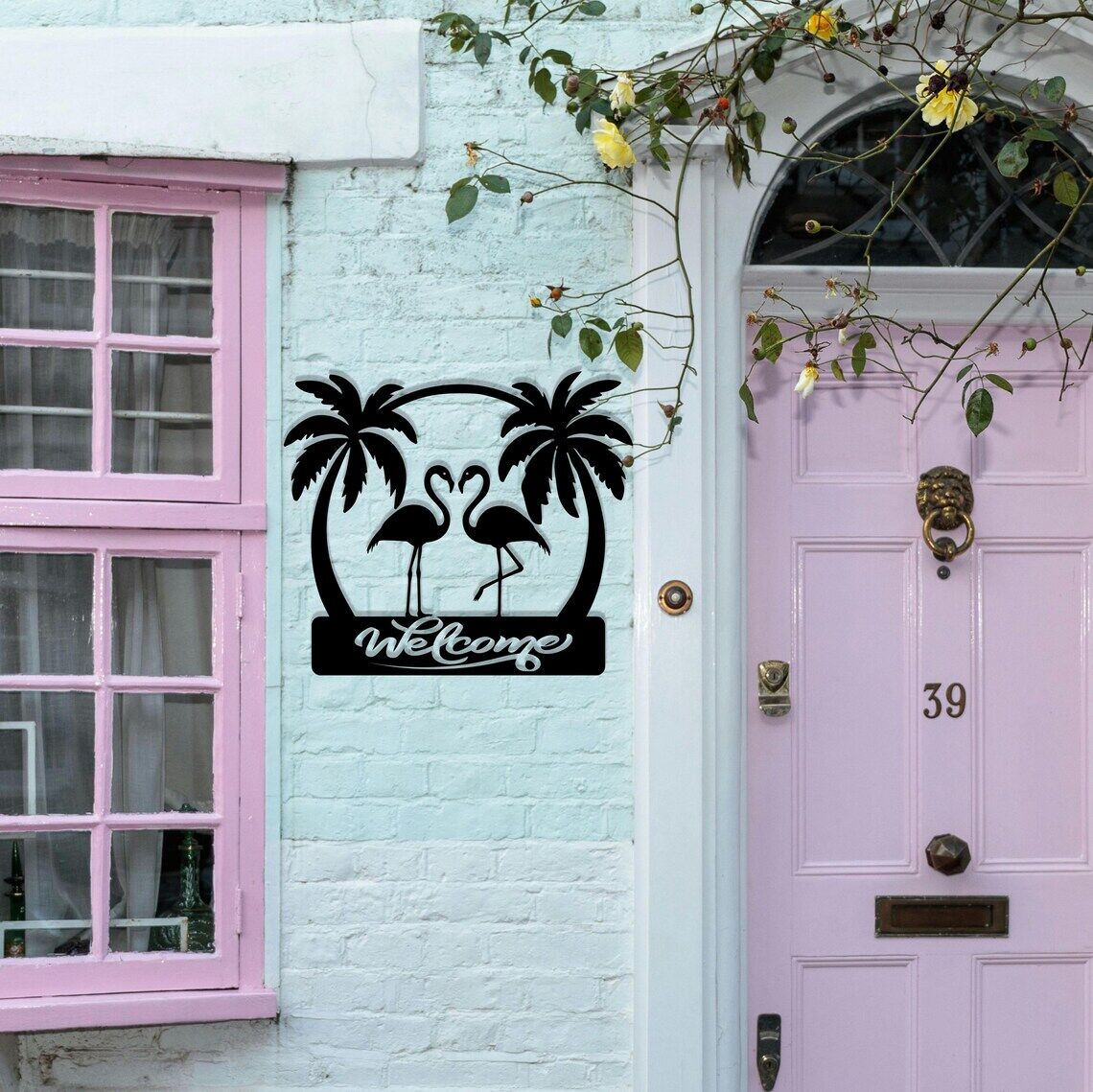 Flamingo Ahşap Kapı Süsü Kapı Aksesuarı Welcome