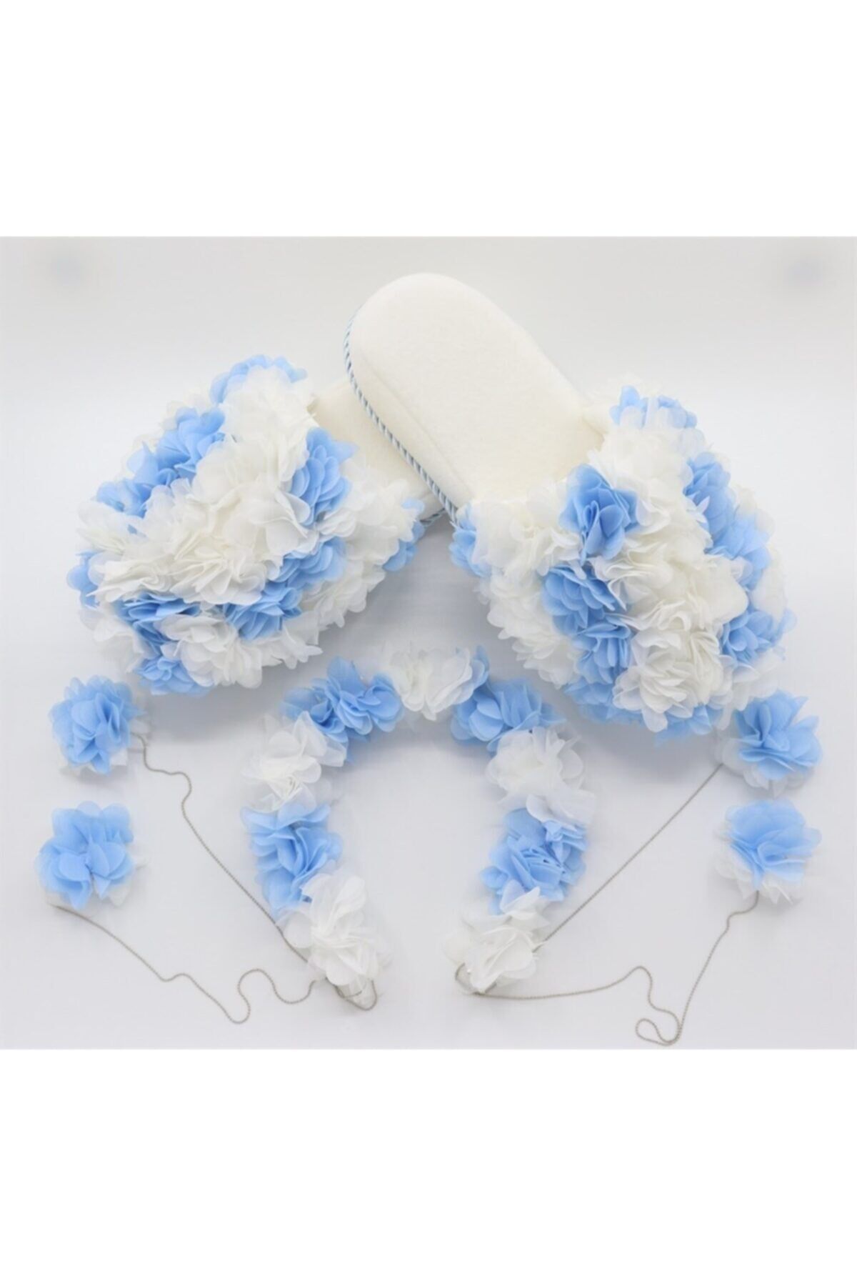 Sarkan Küpeli Lohusa Tacı Ve Lohusa Terlik Seti Mavi Beyaz