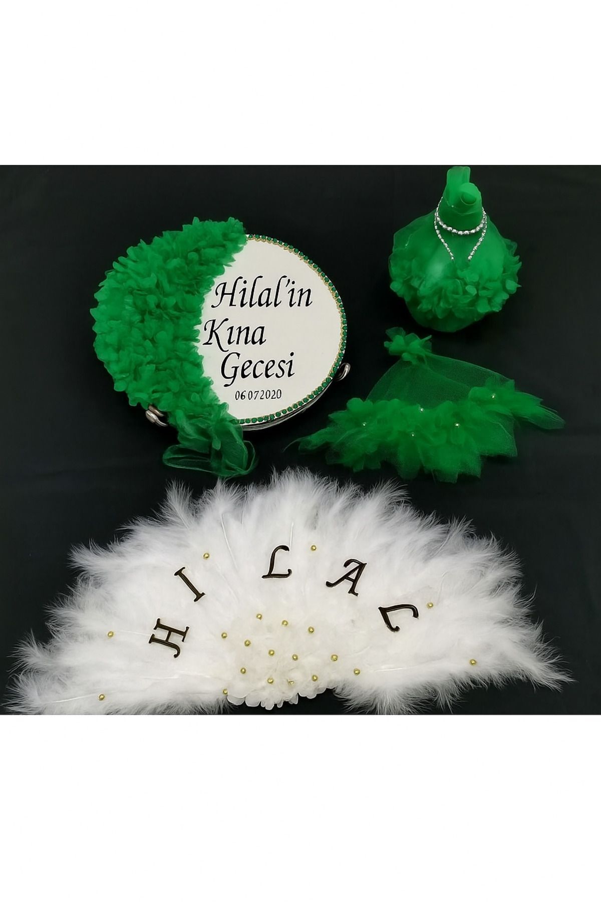 İsme Özel Kına Yelpazesi, Gelin Tefi Seti Otrişli Tef, Yelpaze, Testi, Halay Mendili, Vurmalı Çalgı Zümrüt Yeşi̇li̇