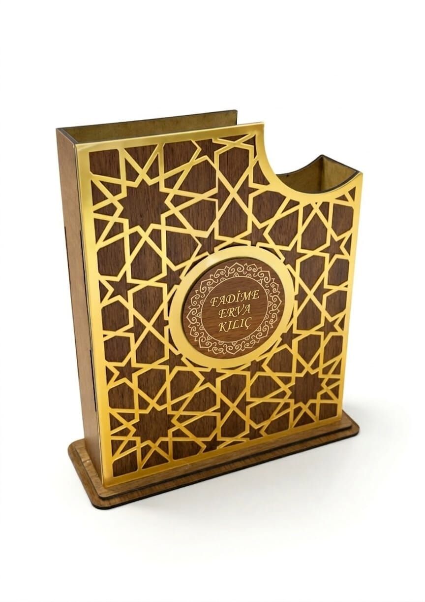 Kişiye Özel Kuran'ı Kerim Kılıfı Kur'an Kabı Çantası Ahşap Gold 17*25 Ölçüde