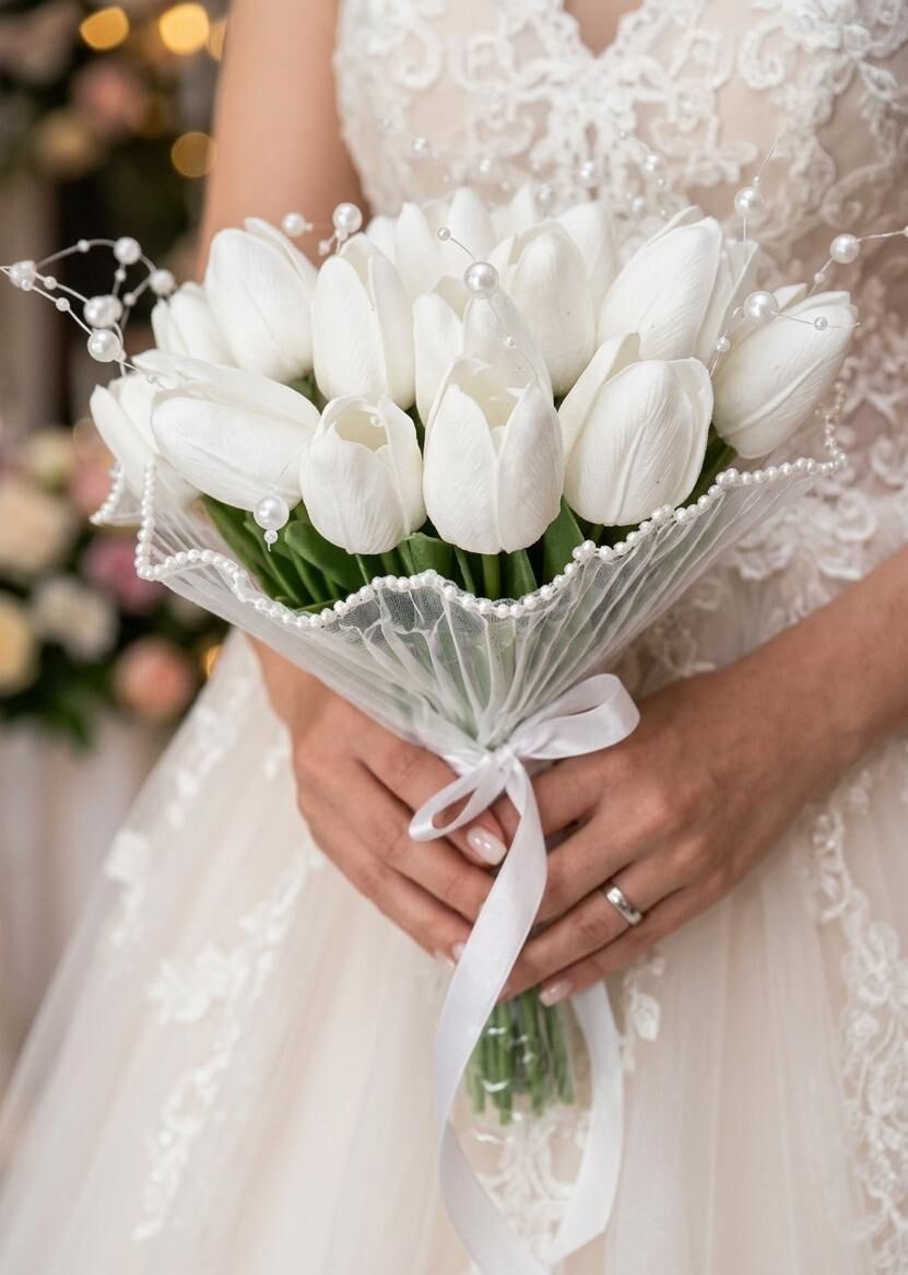 Islak Lale Gelin Çiçeği  Düğün Nikah Nişan Çiçeği 14 Laleli Lüks İncili