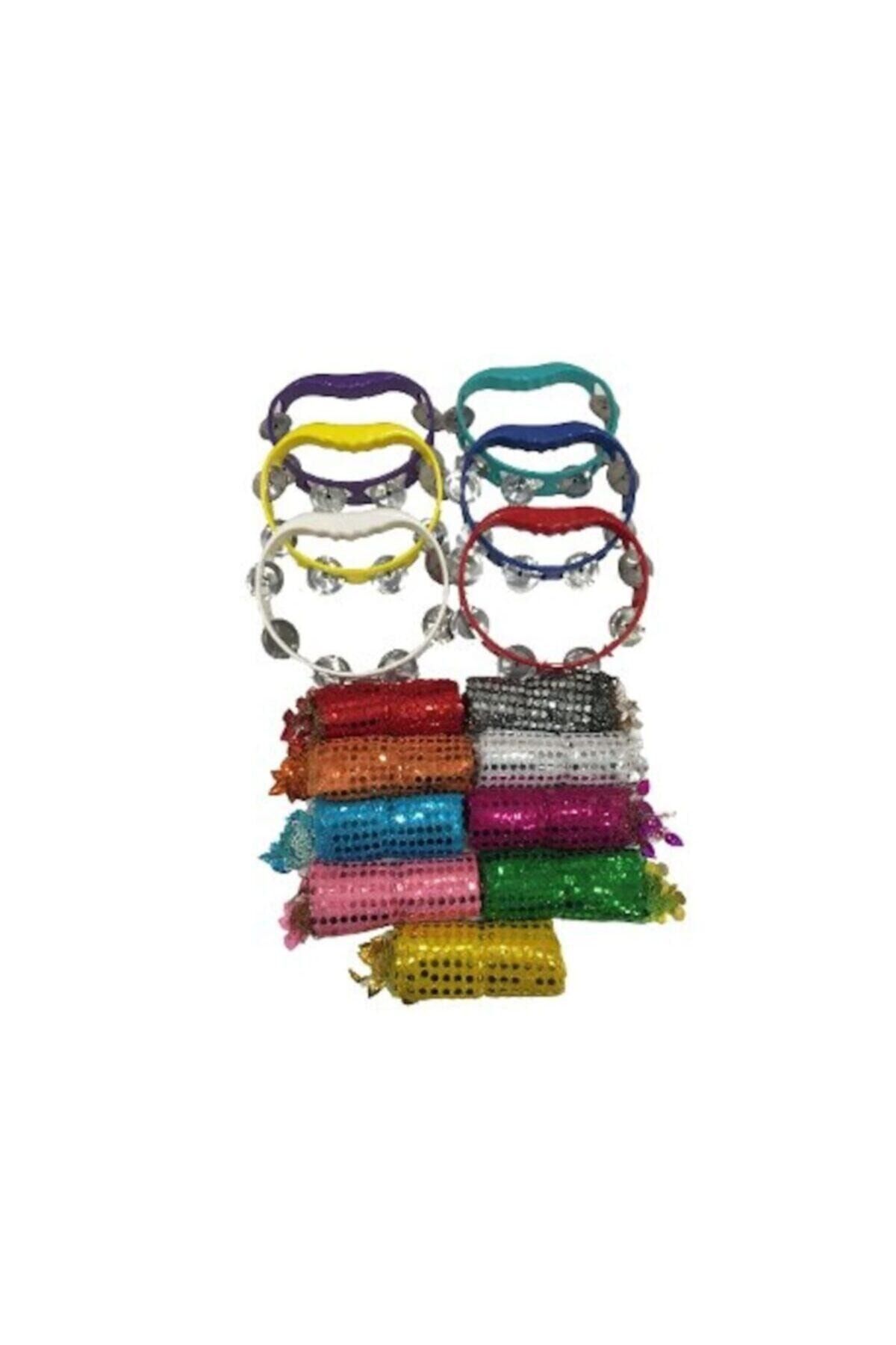 Kına Gecesi 10 Adet Plastik Tef Def + 10 Adet Pullu Halay Mendili