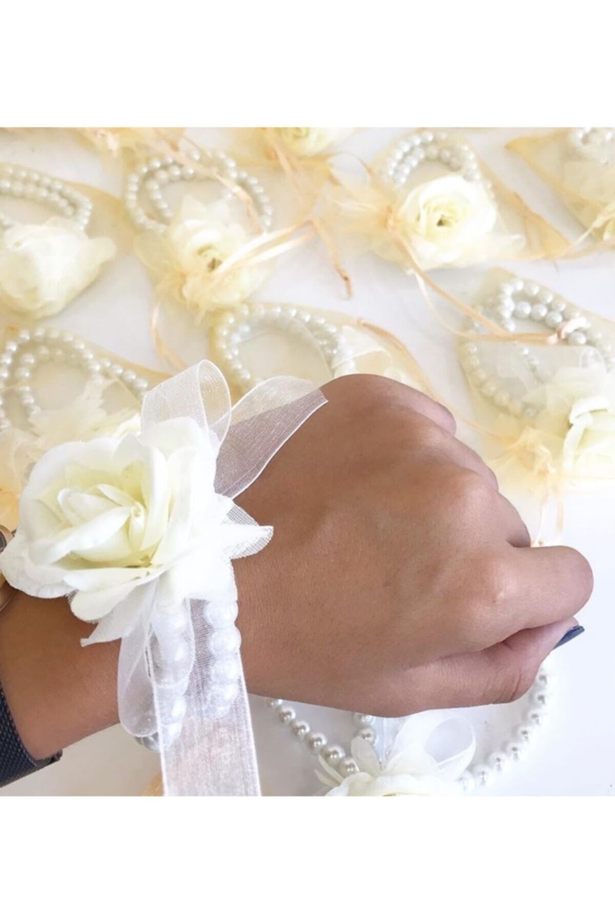 Kına Gecesi Nedime Bilekliği Çift Sıra Incili Kına Malzemeleri 5 Adet Ekru