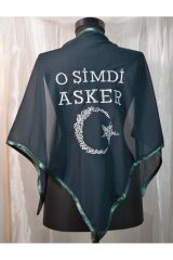 O Şimdi Asker İşlemeli Biyeli Asker Şalı Duvak Biyeli Örtü Yeşil