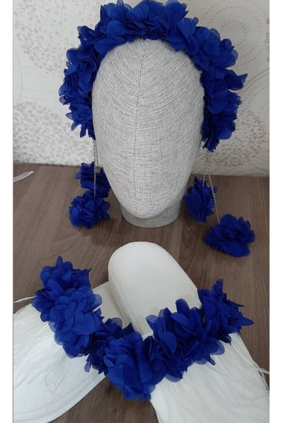 Sarkan Küpeli Lohusa Tacı Ve Lohusa Terlik Seti Lacivert