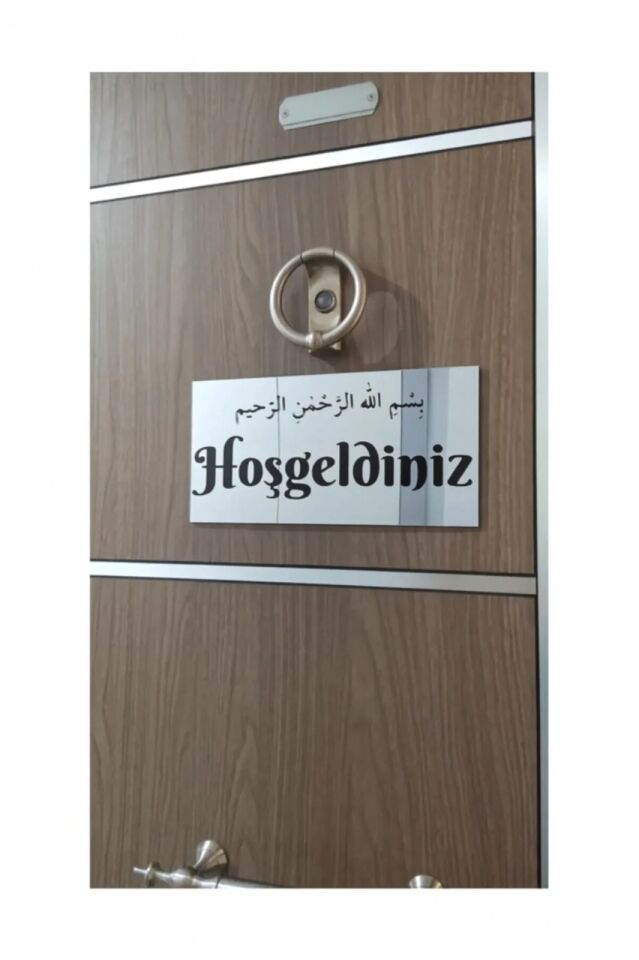 Besmele Ve Hoşgeldiniz Yazısı Kapı Süsü Duvar Dekoru Tablo 15x28 cm Gümüş Gümüş