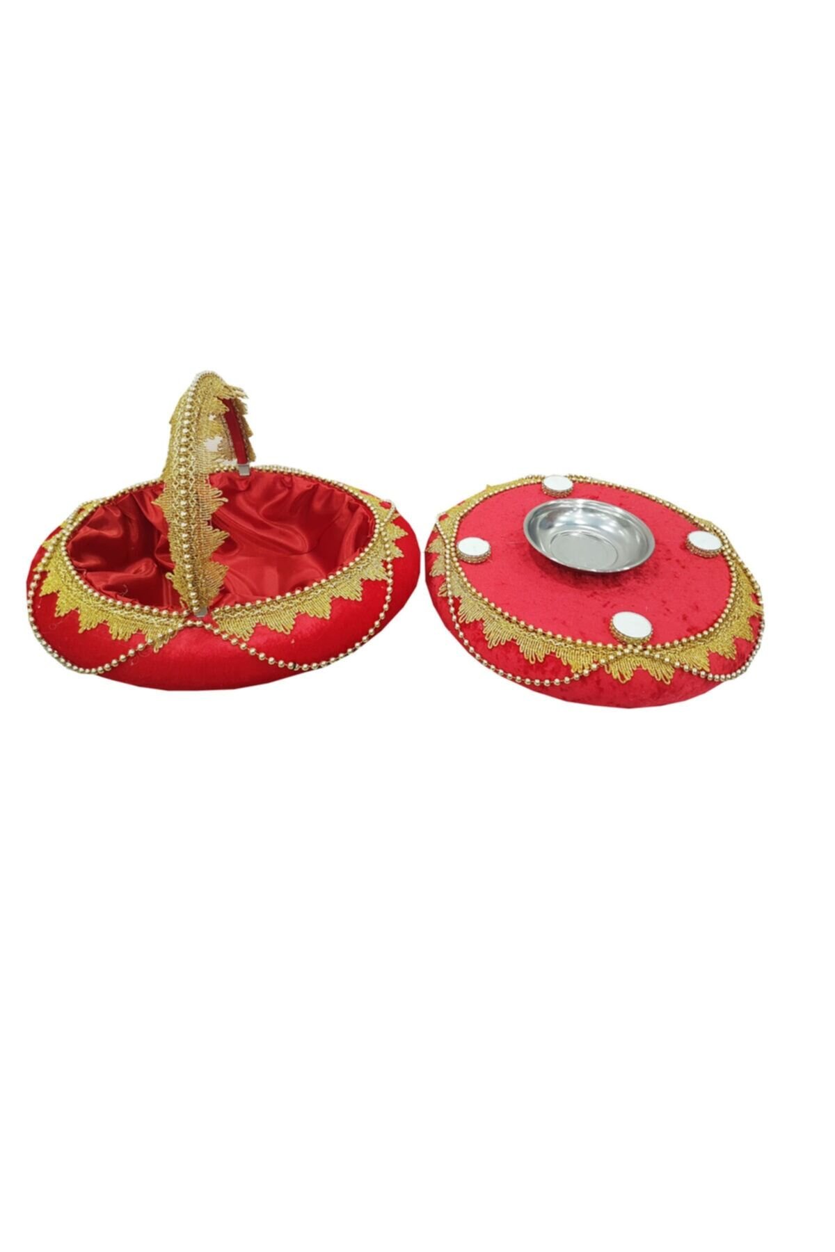 Kadife Süslemeli Boncuklu Kına Sepet Ve Tepsisi Kırmızı