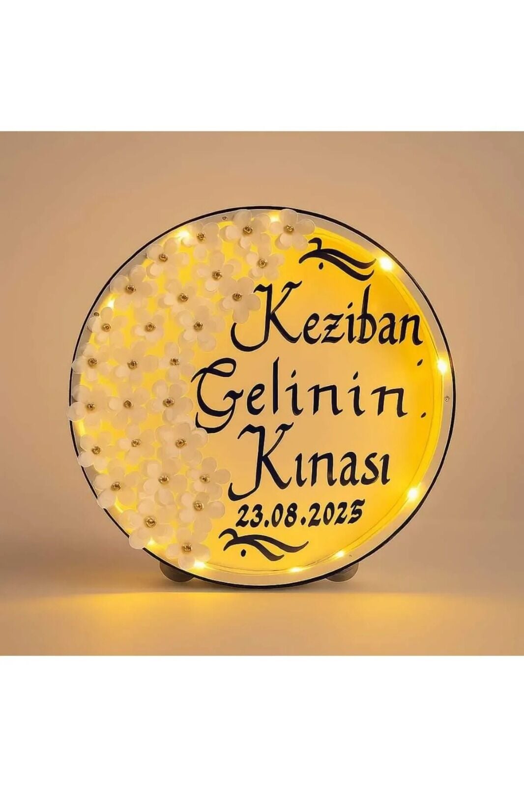 İsimli Ledli Gelin Tefi 3Boyut Taşlı Kına Nedime Bride Parti Defi Çalgılı Alet Zilli Şeffaf Def Beyaz