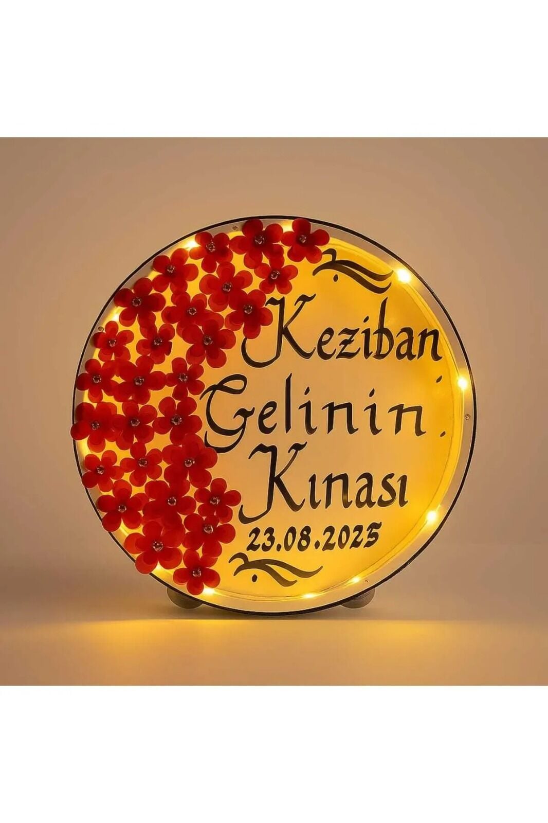 İsimli Ledli Gelin Tefi 3Boyut Taşlı Kına Nedime Bride Parti Defi Çalgılı Alet Zilli Şeffaf Def Kırmızı