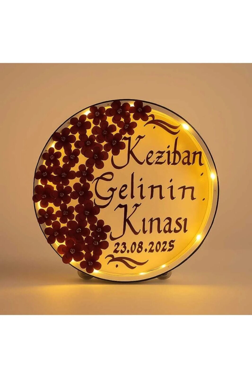 İsimli Ledli Gelin Tefi 3Boyut Taşlı Kına Nedime Bride Parti Defi Çalgılı Alet Zilli Şeffaf Def Bordo