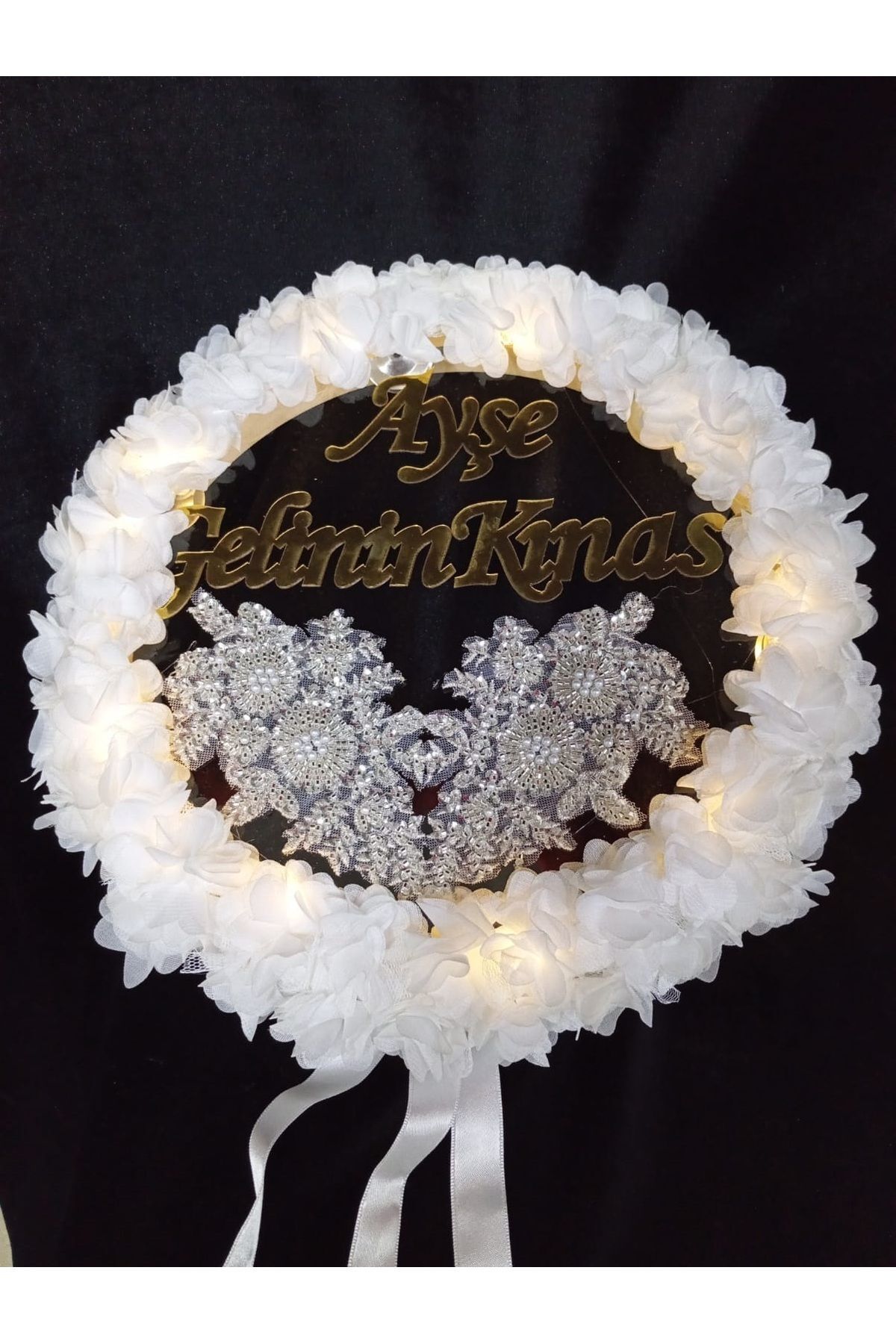 Kişiye Özel Led Işıklı Şeffaf Tef, Aplike Süslü Lazer Güllü Deri Tef, Gelin Tefi, Kına Gecesi Tefi