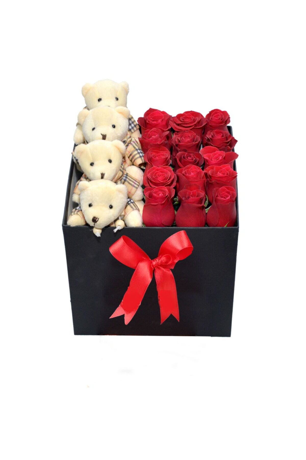 Siyah Kare Kutuda Gerçek Görünümlü Yapay Kadife Güller Ve Peluş Ayıcıklar