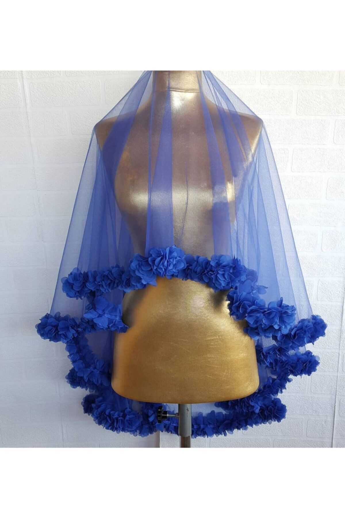 Lazer Güllü Gelin Duvağı, Gelin Yüz Örtüsü Ve Gelin Kuşağı Saks Mavi