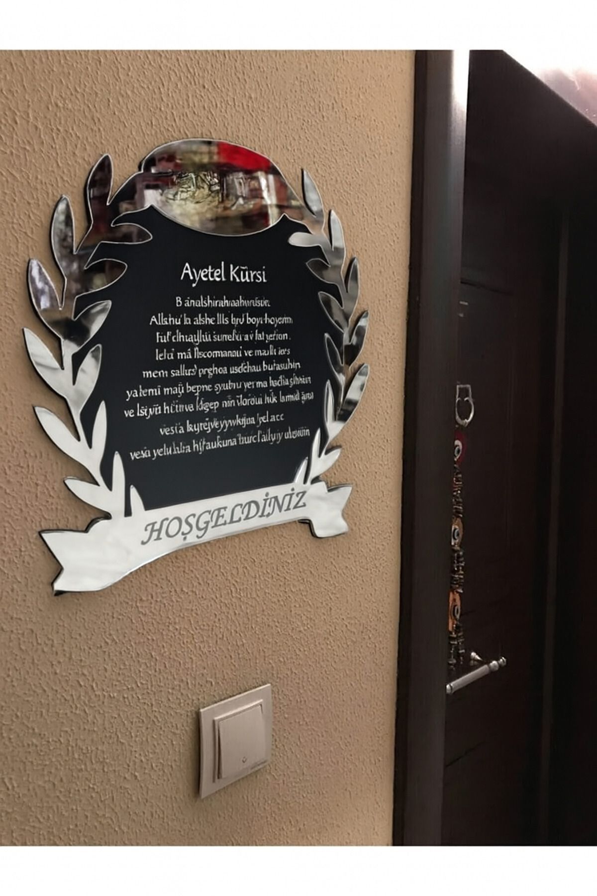 Ayetel Kürsili Pleksi Ahşap Kapı Süsü Kapı Isimliği Duvar Dekoru Si̇yaha Gümüş