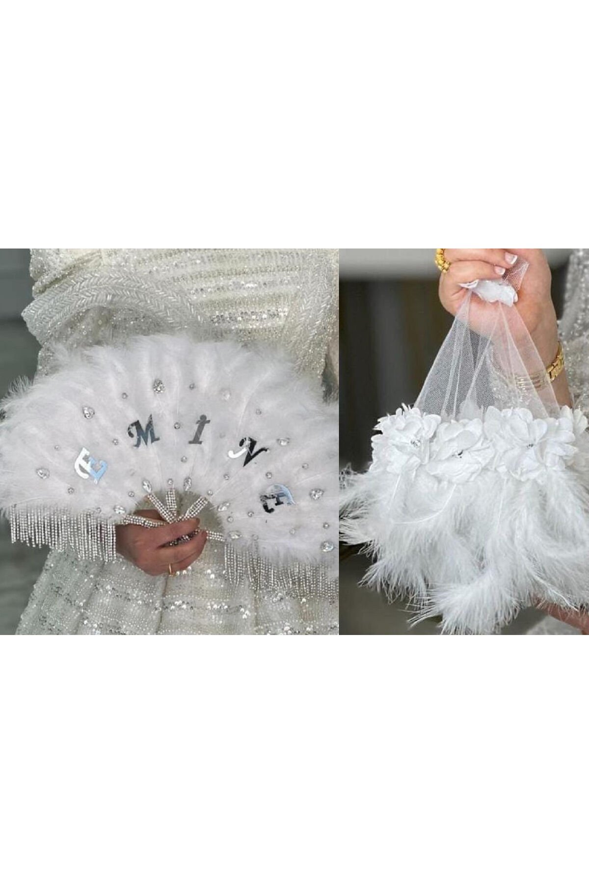 Bol Tüylü Lazer Güllü Gelin Incili Lüx Halay Mendili ve Gelin Yelpazesi