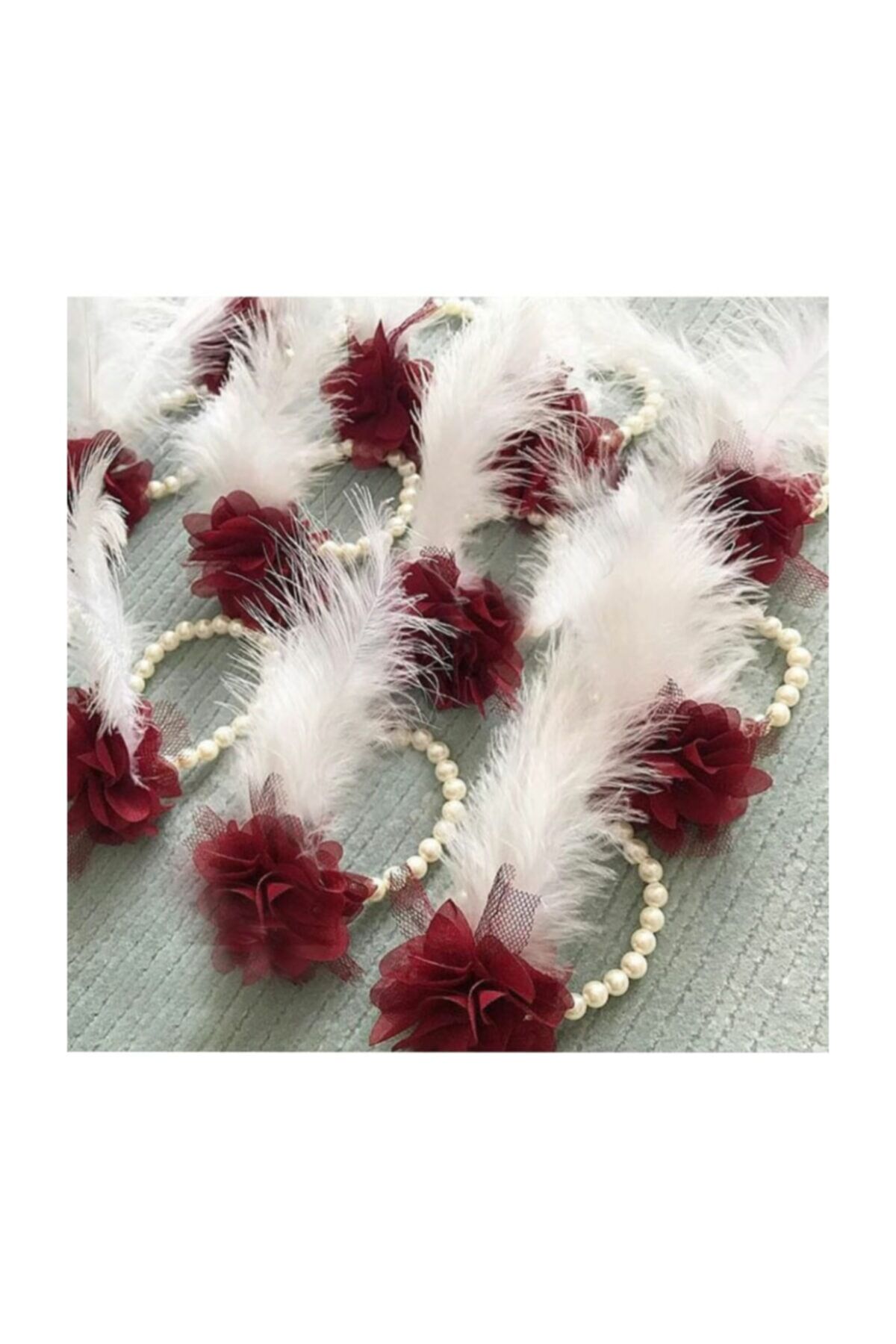 Kına Gecesi Nedime Bilekliği Incili Gül Ve Tüylü 10 Adet Bordo