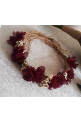 Kadın Bordo Doğal Kuru Çiçekli Lazer Güllü Gelin Tacı